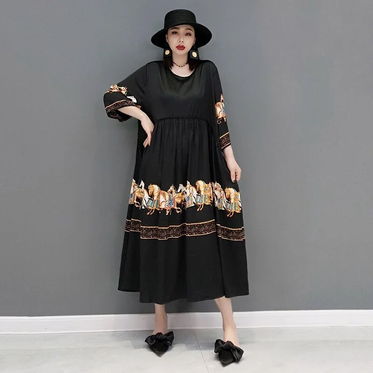 Classical O-neck Patchwork Folds War horse Printed Loose Dress 