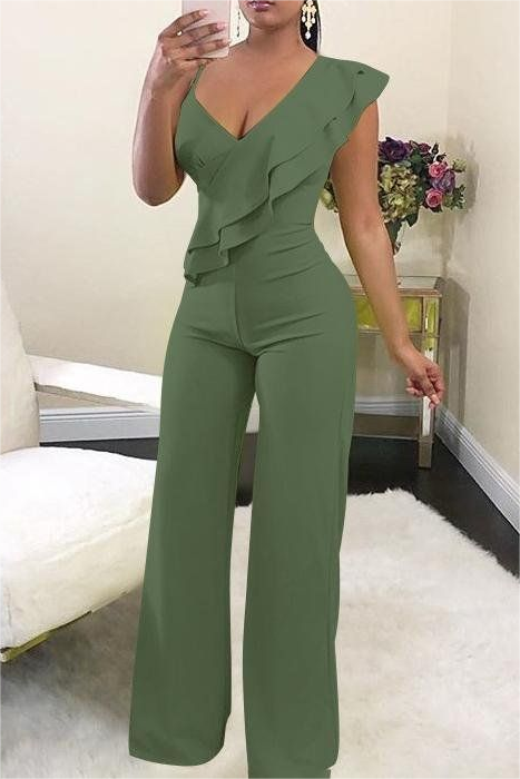 Lvs&Broner Simple Green V Neck Sleeveless High Waist Long Wid-Leg Jumpsuit with Ruffles