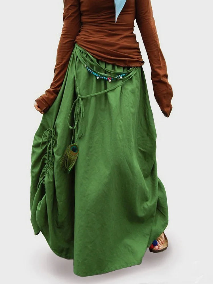 Daily Boho Beads Feather Decor Ruched Solid Maxi Skirt