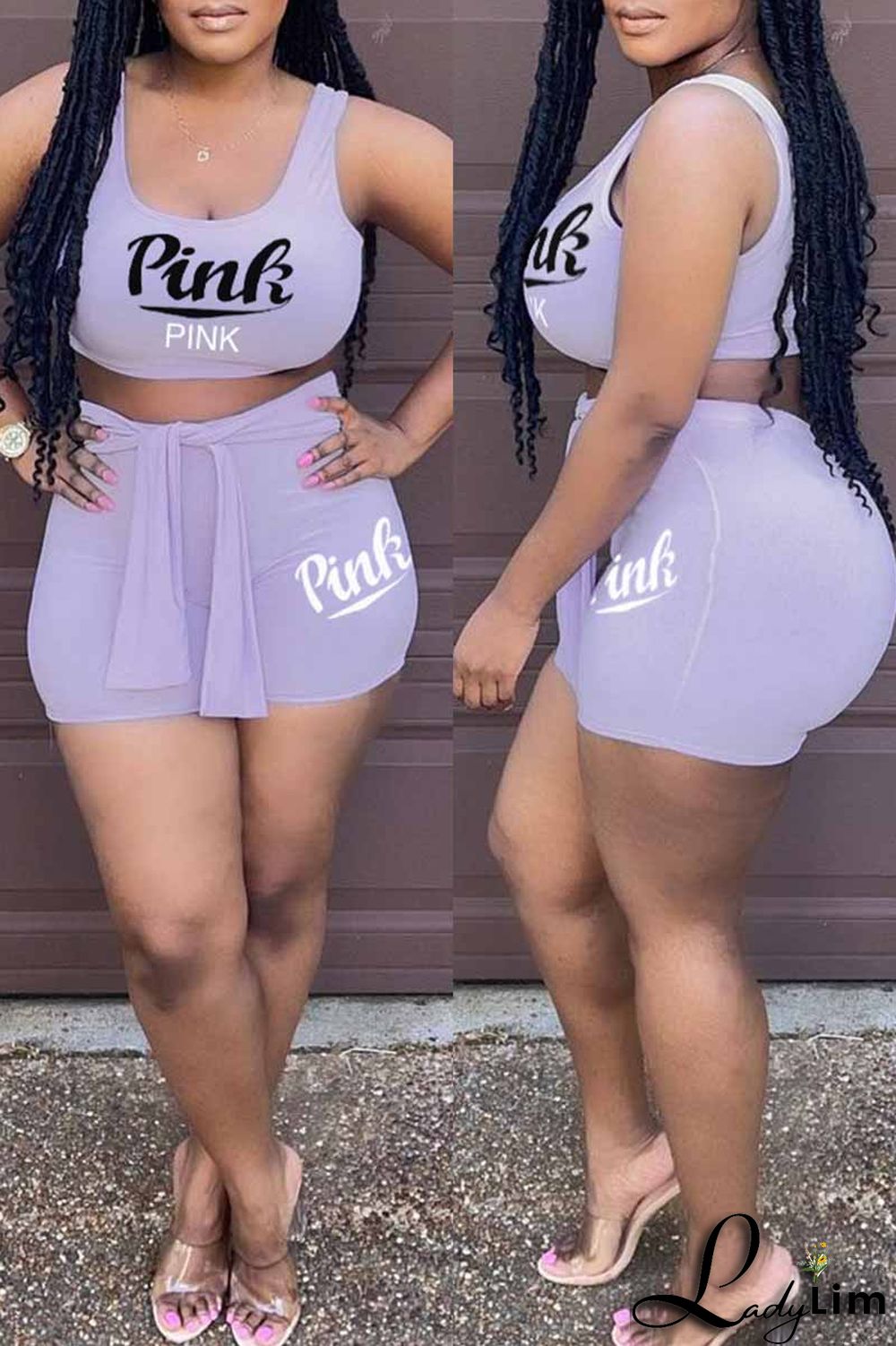 Light Purple Fashion Casual Letter Print Bandage U Neck Sleeveless Two Pieces