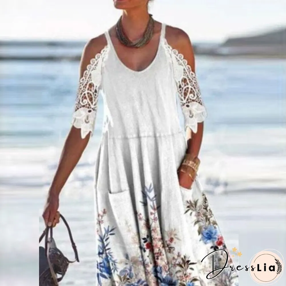 Vintage Floral Print Pocket Dress-Womens Casual Lace Patchwork Neck Hollow Lady Fashion