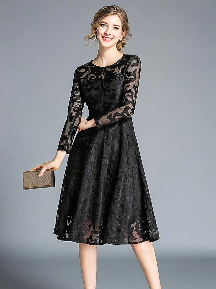 Temperament mid-length lace big swing long-sleeved dress