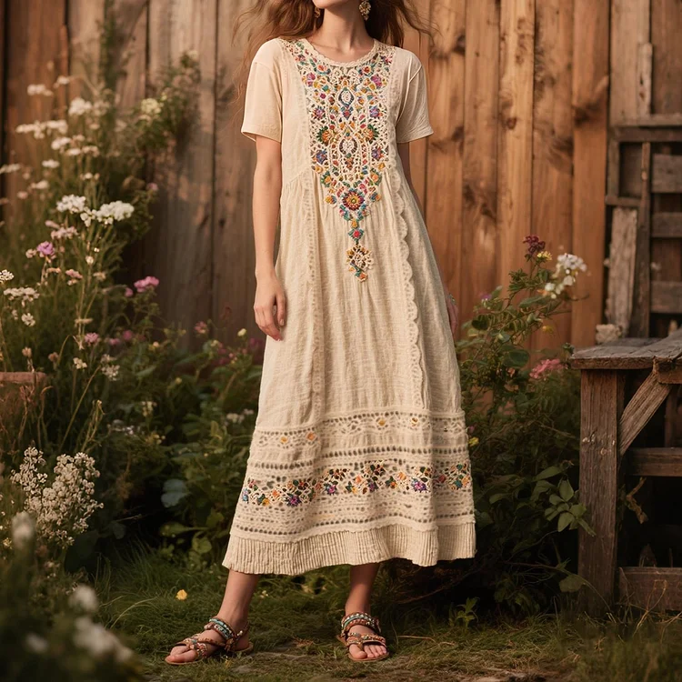 VChics Women's Vintage Bohemian Floral Pattern Short Sleeve Dress
