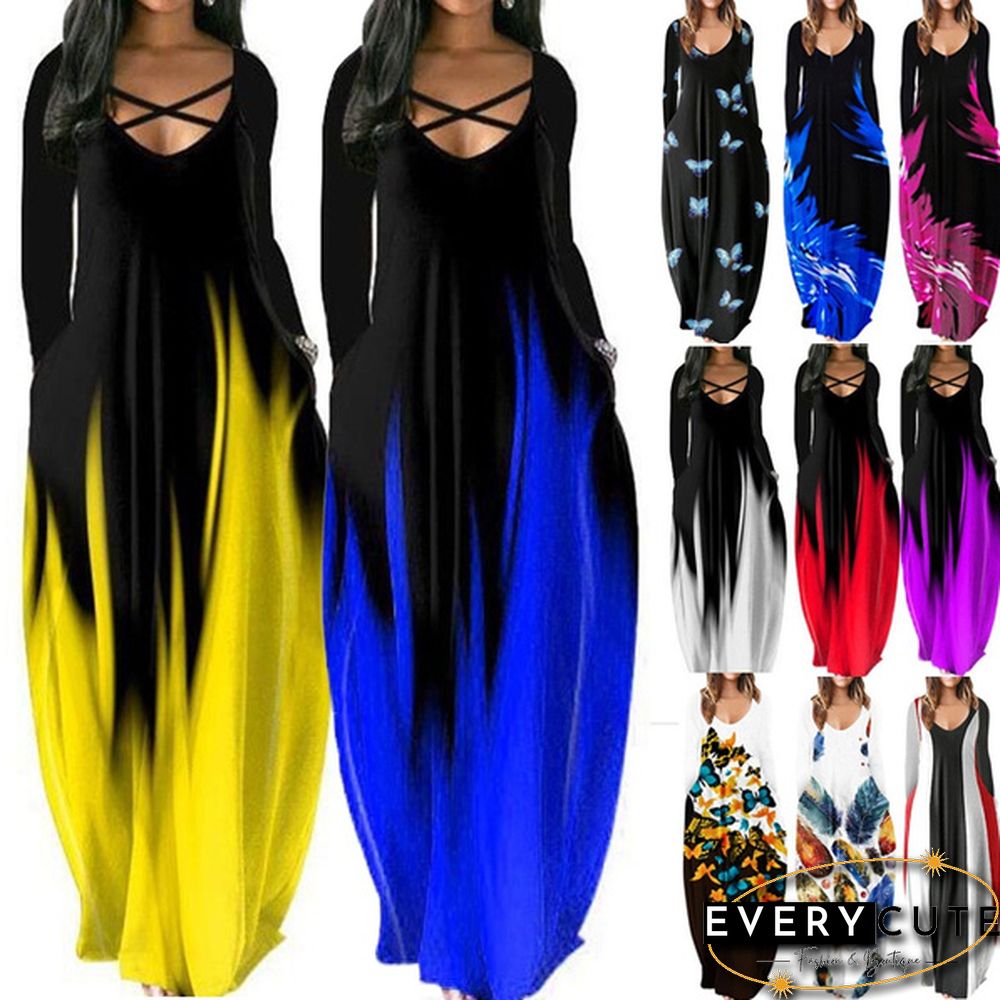Womens loose dress bohemian holiday prom kaftan maxi oversized tunic kleid floral cotton