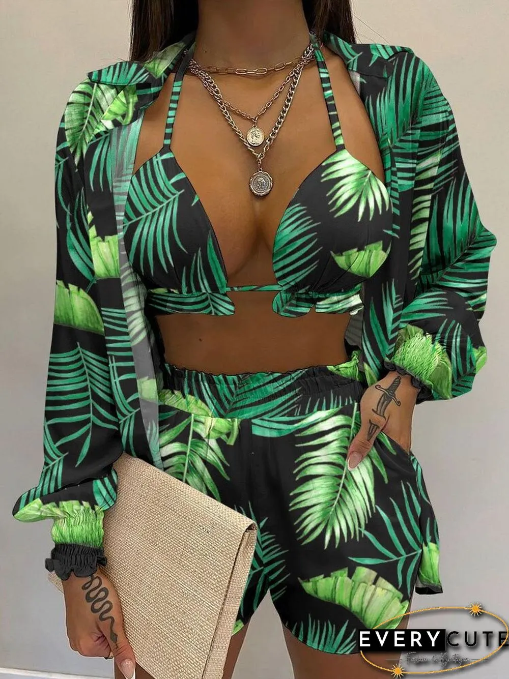 Retro Elegant Print V-Neck Bra Long Sleeve Shirts tops shorts suits beach women casual