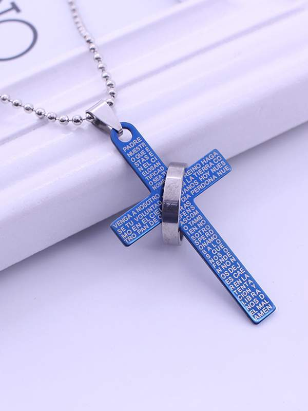 Scripture Ring Cross Titanium Steel Alloy Pendant Long Necklace