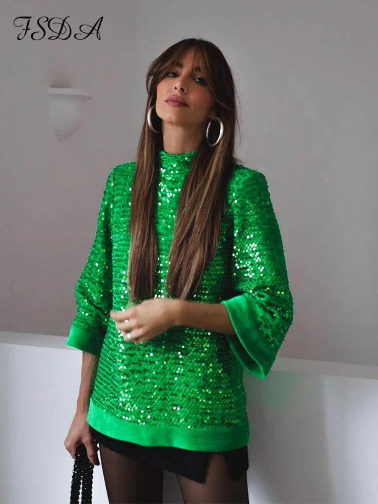 FSDA O Neck 2021 Fashion Green Sequins Blouse Shirts Women Y2K Autumn Winter Vintage Long Sleeve Top Shirt Elegant Casual