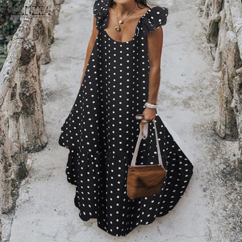ZANZEA 2022 Summer Leopard Sundress Women Bohemian Polka Printed Maxi Dress Casual Female Sleeveless Robe Long Ruffles Vestidos