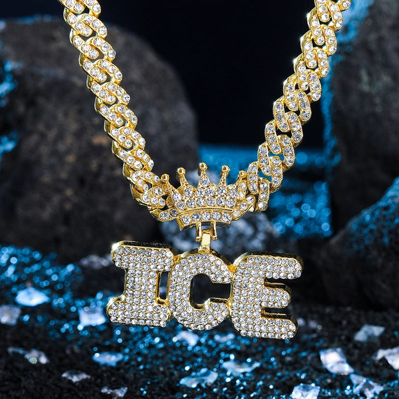 1PC New Arrival Gold Jewelry Man Silver Plated Color Letter ICE Charm Necklace Bling Bling Hip Hop Crown Design Jewelry With Cuban LInk Chain