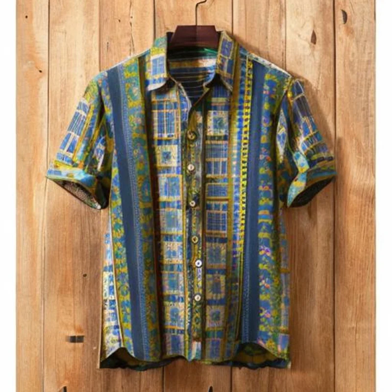 Men's multicolor printed pattern cotton linen shirt