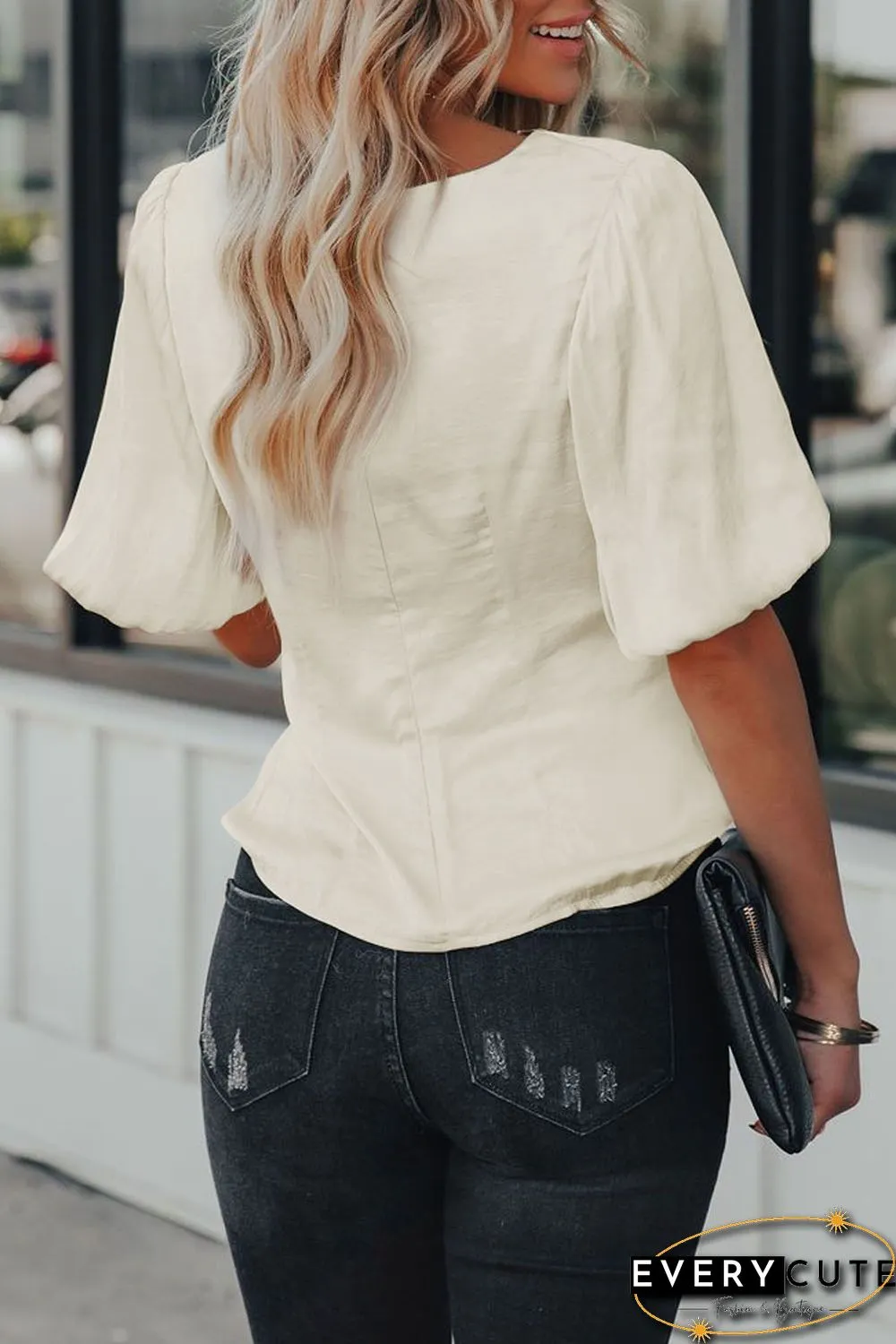 Satin Puff Sleeve V Neck Blouse
