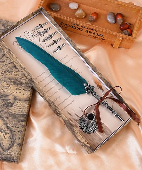 Retro Metal Carving Feather Calligraphy Dip Pen Writing Set With A Base-Himinee.com