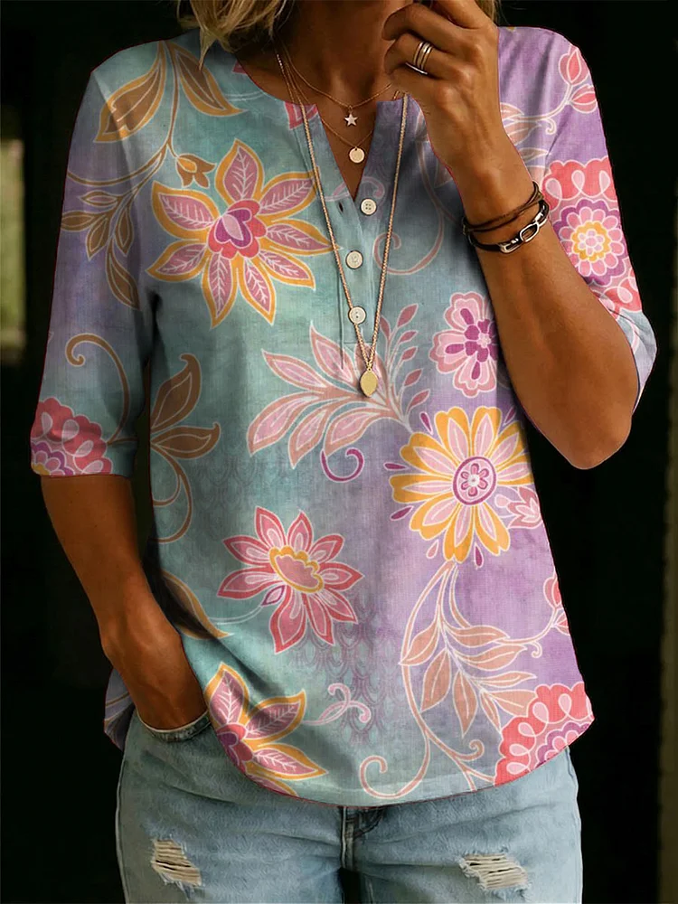 Women&rsquo;s Floral Pattern Art Casual Classic Henley Collar 100% Cotton T-shirt