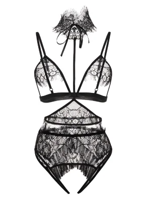 Floral Lace Lingerie Set With Chain Linked Choker