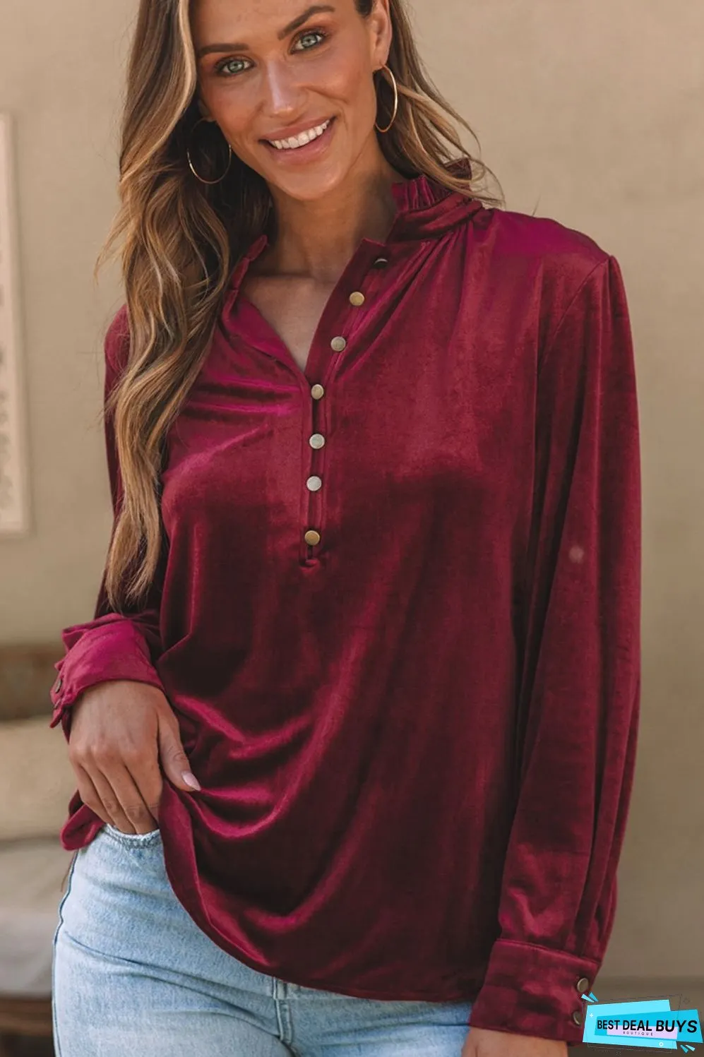 Frill Half Button Mock Neck Long Sleeve Blouse