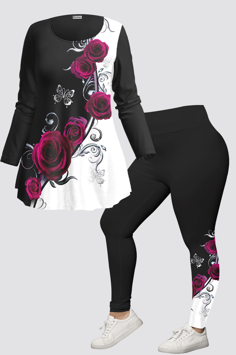 Flycurvy Plus Size Valentine'S Day Black Colorblock Patchwork Rose Print Two Piece Pant Set