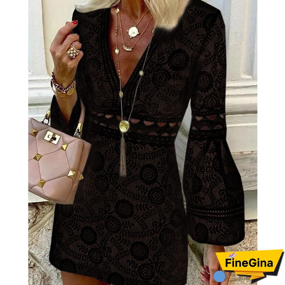Women Flare Long Sleeve Mini Dress Lace Hollow Out Deep V Neck Party Casual Short Dress Plus Size