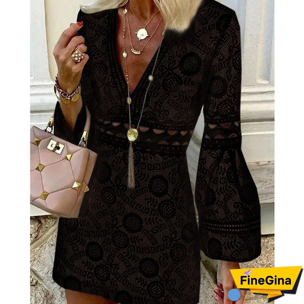 Women Flare Long Sleeve Mini Dress Lace Hollow Out Deep V Neck Party Casual Short Dress Plus Size