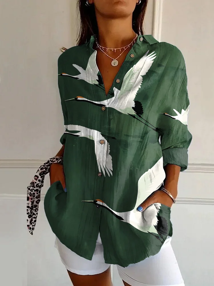 Japanese Classic Art White Crane Print Casual Long Sleeve Shirt