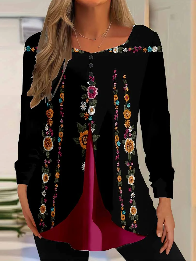 Women Graphic,Black DZGG8273 Long Sleeve Scoop Neck Printed Graphic Button Fake 2in1 Tops