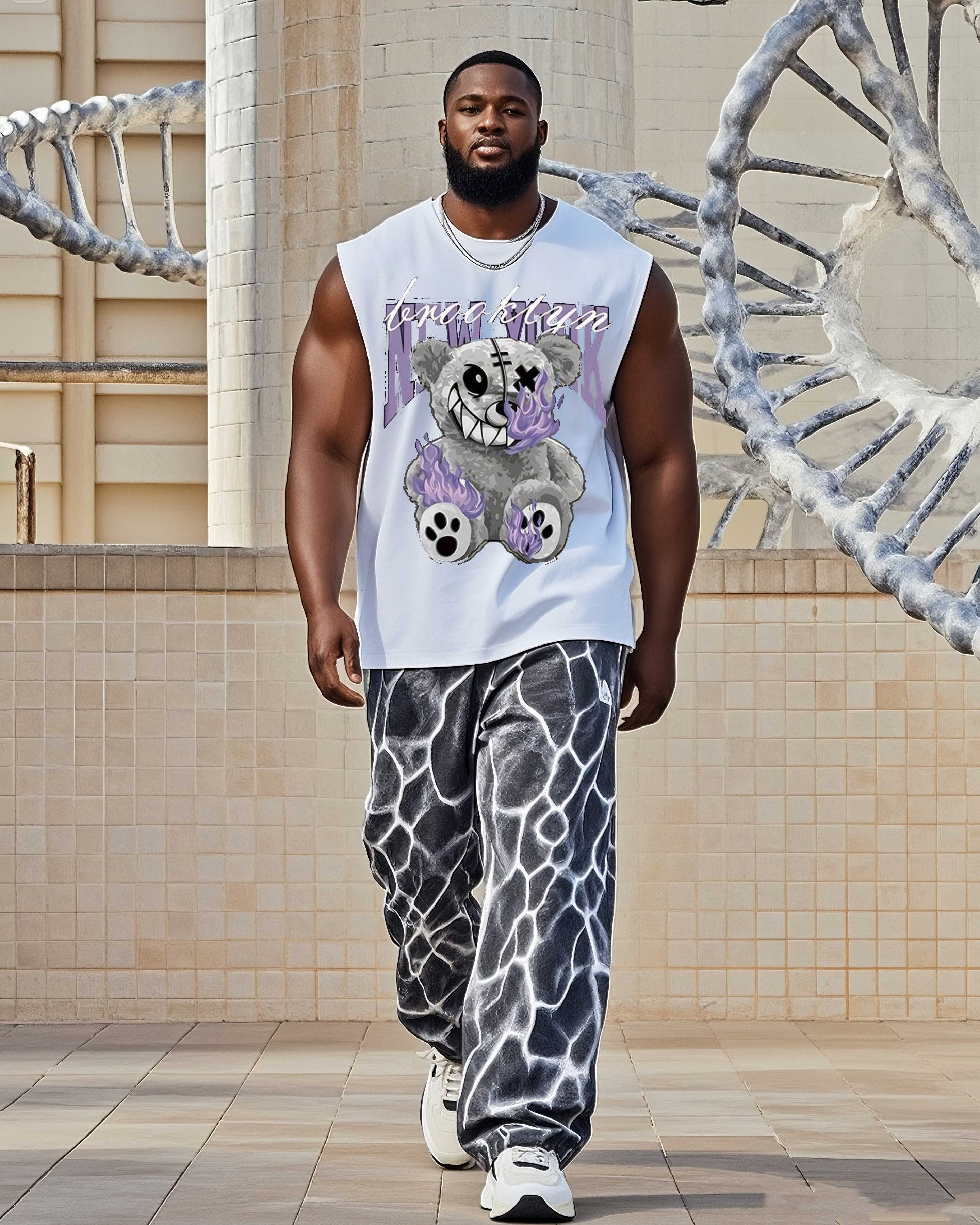 Big Boy Lightning Print Pants/Little Bear Bear Print Vest Trousers Suit