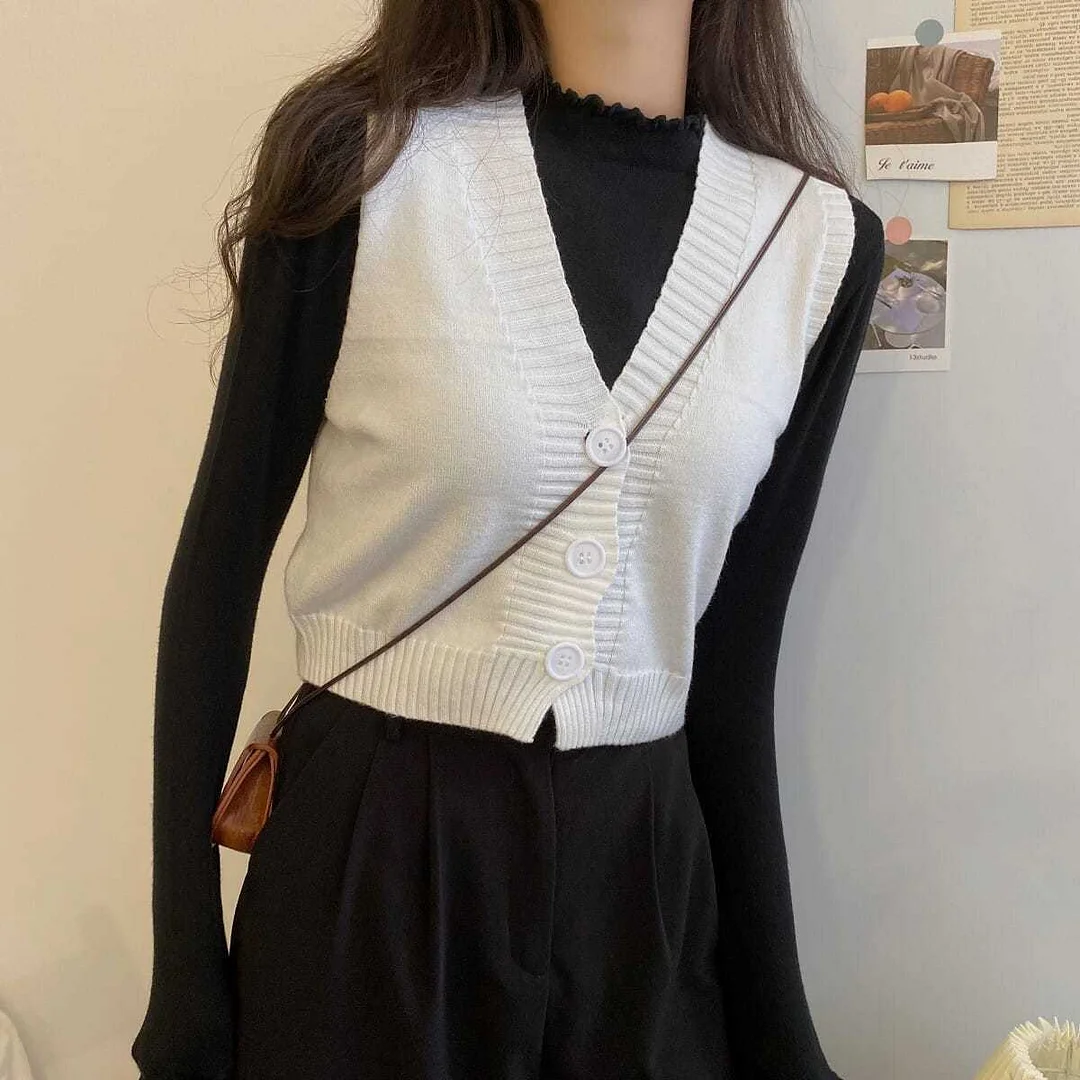 Sweater Vest Women Solid Crop Tops Fall Daily Streetwear Office Lady Elegant Korean Fashion Ins Chic Knitted Sweaters Vintage