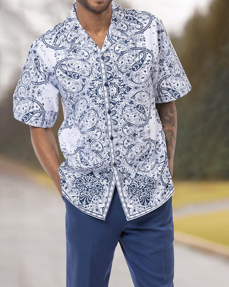 Short Sleeve Printed Two Piece Walking Suit Trousers