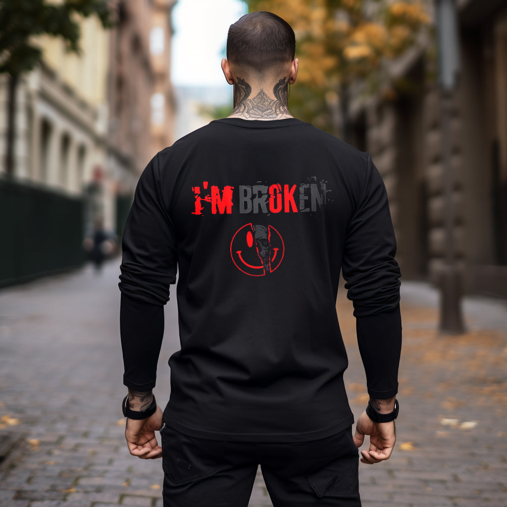 I’M BROKEN and Smiling Face Skull Graphic Casual Black and White Print Longsleeves Shirt