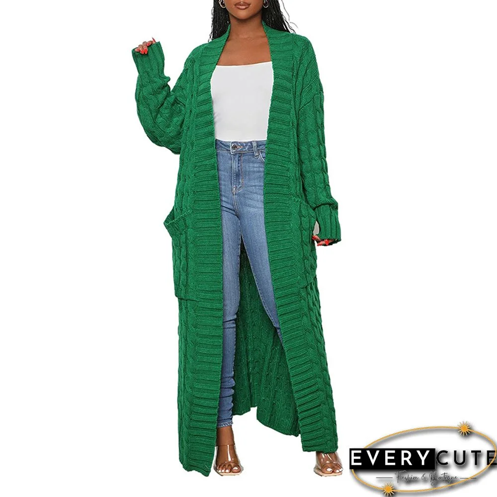 Green Open Front Cable Knit Pocket Long Cardigan