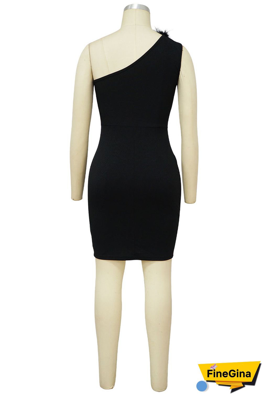 Black Sexy Solid Patchwork Feathers Oblique Collar One Step Skirt Dresses