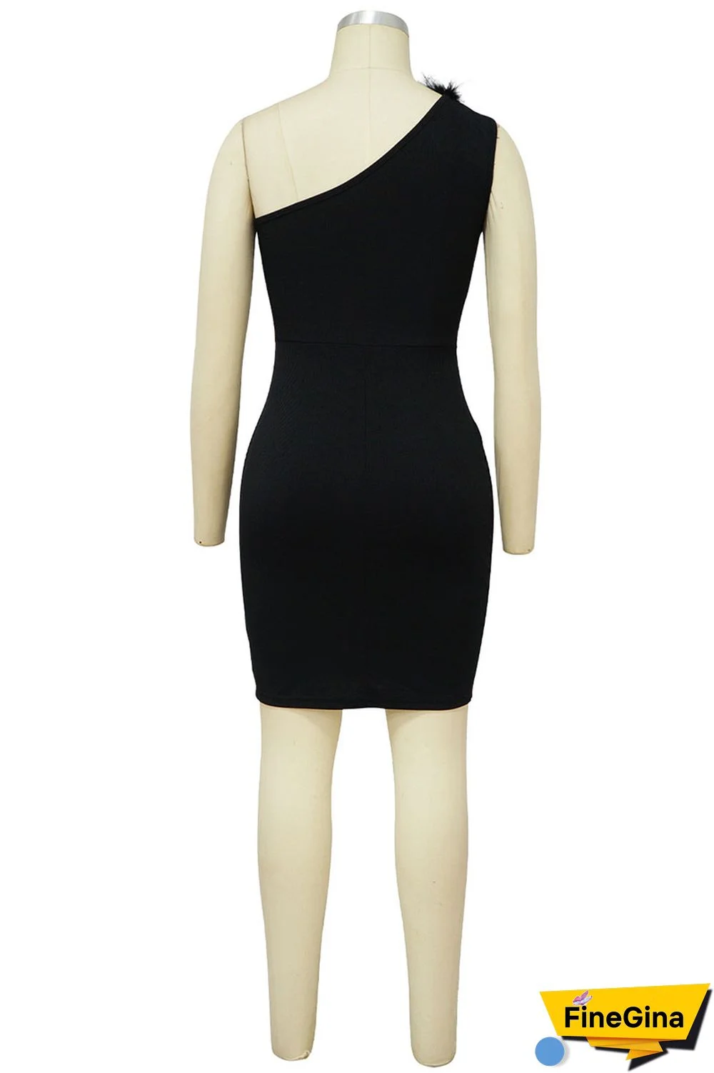 Black Sexy Solid Patchwork Feathers Oblique Collar One Step Skirt Dresses