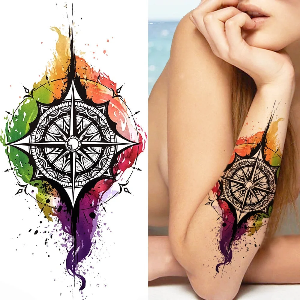 Dragon with Red Rose Tattoo Sticker Realistic Fox Snake Sword Geometric Temporary Tattoo For Women Fake Chains Black Tatoo 515-1