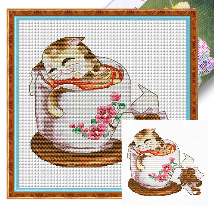 Spring-Cat In Teacup (28*28cm) 14CT Stamped Cross Stitch gbfke