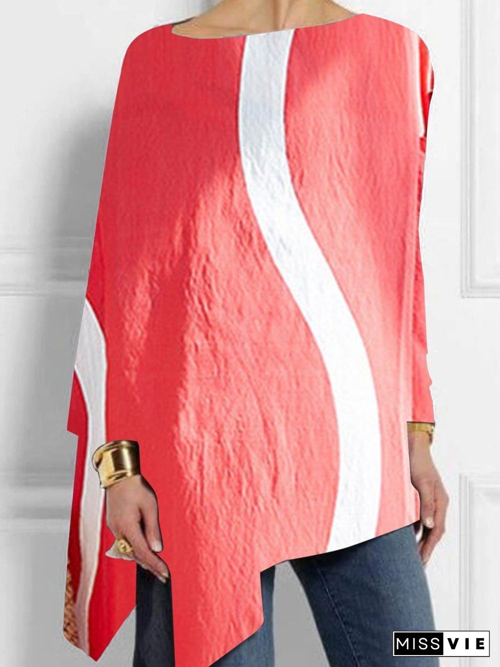 Long Sleeve Tops Striped Scoop Neck Plus Size T-Shirts