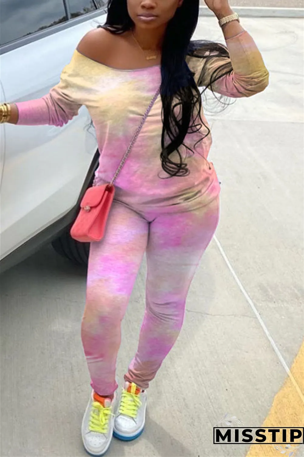 Light Blue Fashion Casual Long Sleeve Oblique Collar Regular Sleeve Regular Print Tie Dye Two Pieces