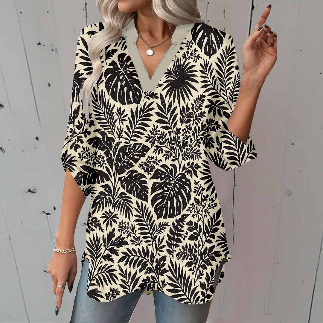 Women Leaves, Black, Khaki DZGA0169 3/4 Sleeve V-neck Printed Graphic Button Tops