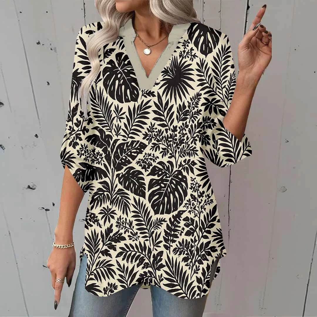 Women Leaves, Black, Khaki DZGA0169 3/4 Sleeve V-neck Printed Graphic Button Tops