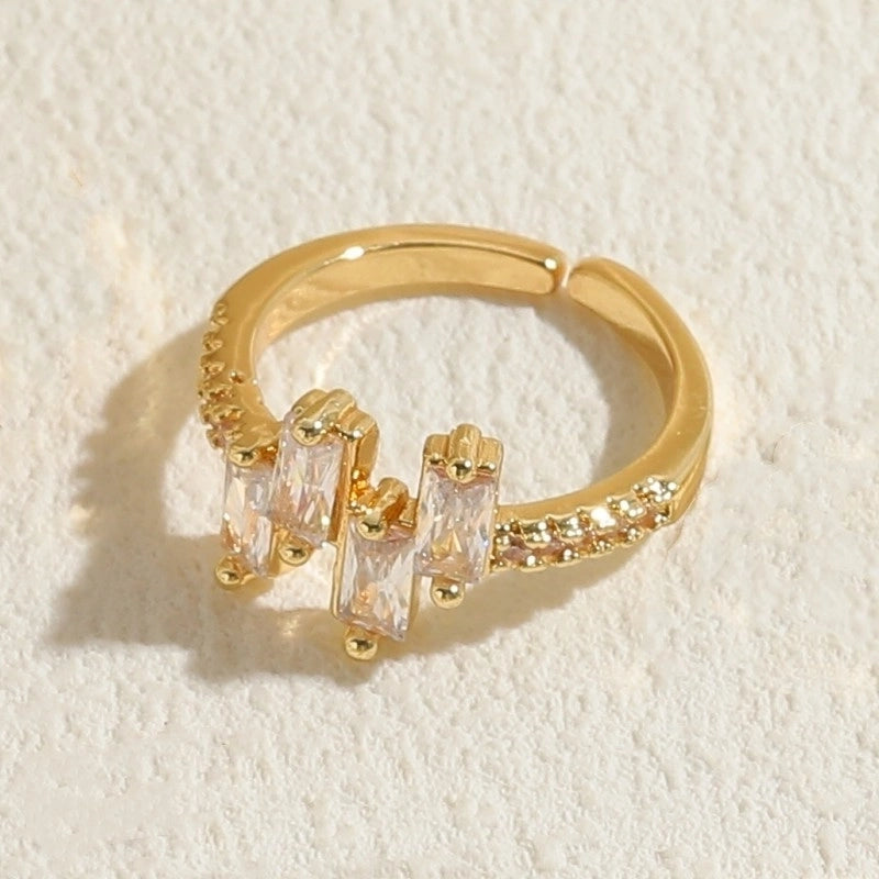 Classic Style Shiny Rectangle Copper 14k Gold Plated Zircon Open Rings In Bulk