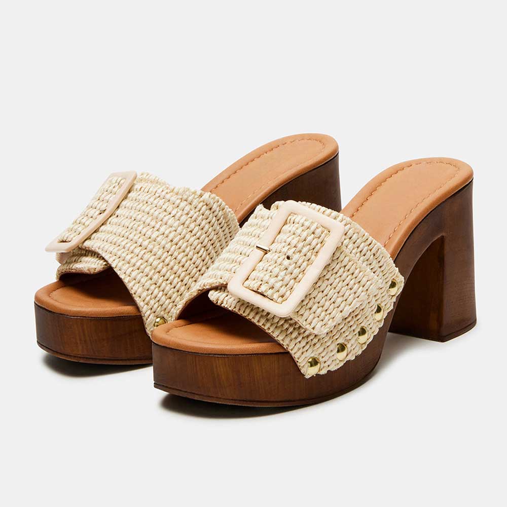 Ivory Open Toe Block Heel Wide Band Platform Elegant Mules Nicepairs