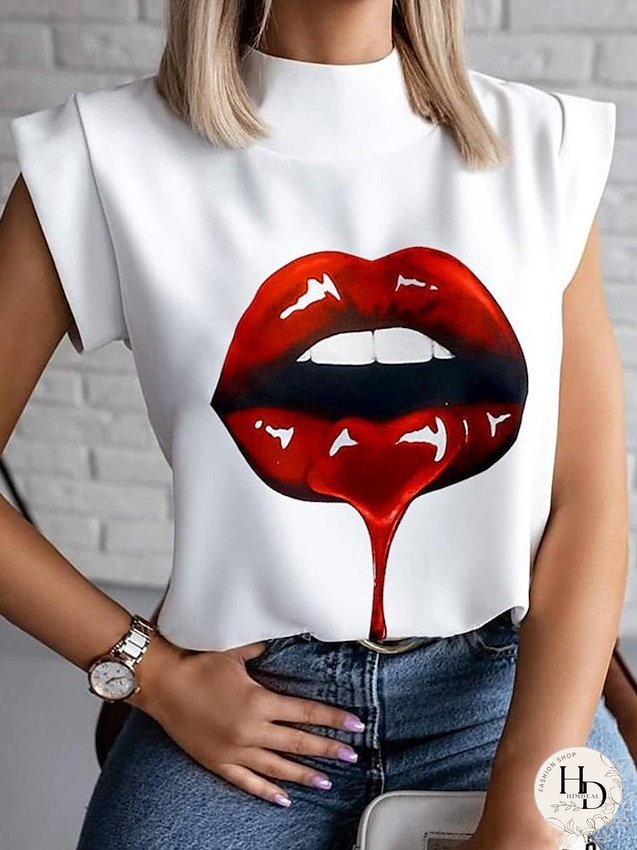 casual short sleeve t shirt elegant red lips stand neck tops blouse (red lips, x-large) for Women