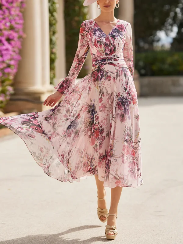 V-Neck Print Midi Dress