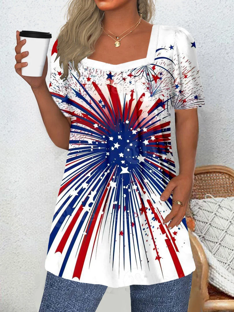 Women Short Sleeve Square Collar National Flag Printed Graphic Tops