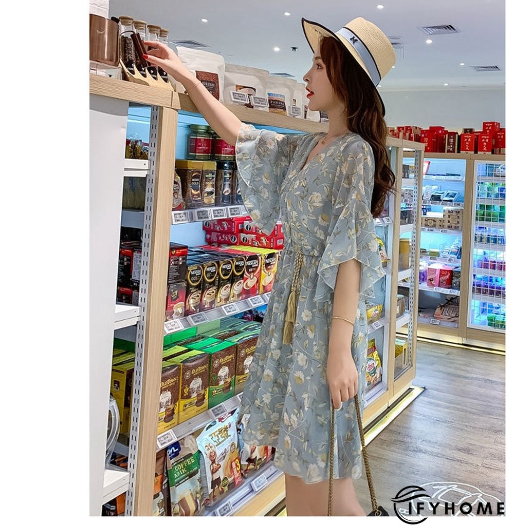 Spring Summer Chiffon Women V-Neck Floral Print Short Dresses Sweet Ruffle Sleeeve Slim Drawstring Ladies Dress | IFYHOME