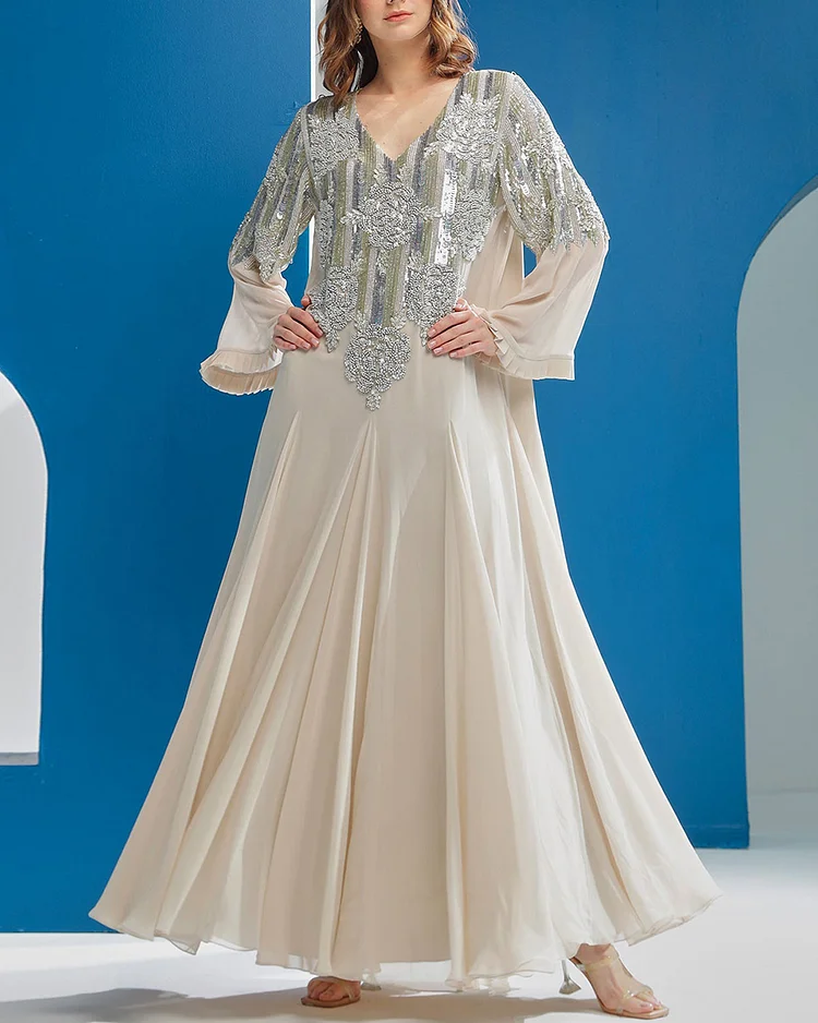 Long sleeves kaftan with silver metallic sequins embroidery