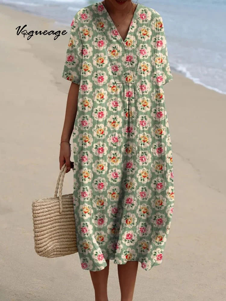 Colorful Elegant Small Flowers Printed Women's Casual Cotton And Linen Dress