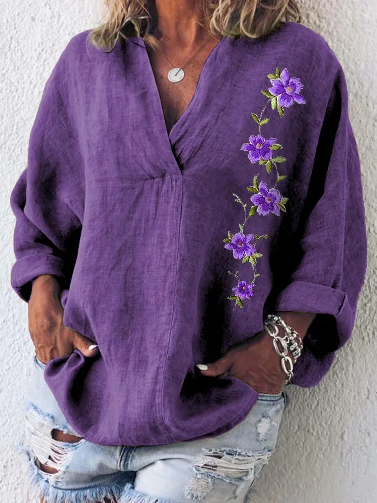 Women's Purple Floral Print Alzheimer's Awareness Support Loose Shirt