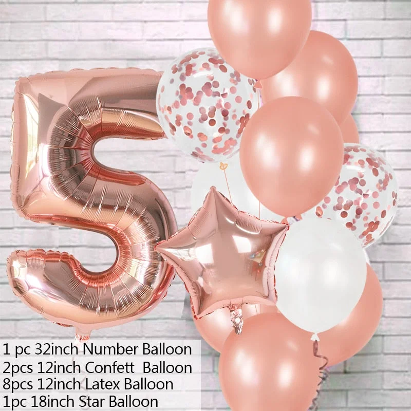 12Pcs Rose Gold Number Foil Latex Balloons Kids Adult Birthday Party Decoration 1st Birthday Gril Boy Decor Baby Shower Balloon