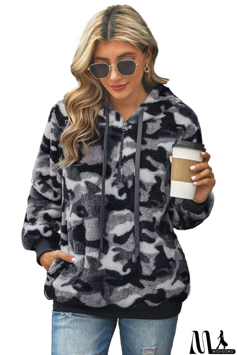 MidiSono - Winter Women's Gray Camo Print Warm Furry Pullover Hoodie