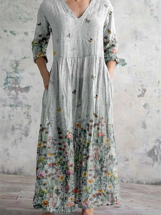 Women's 3/4 Sleeve V-neck Floral Printed Midi Dress