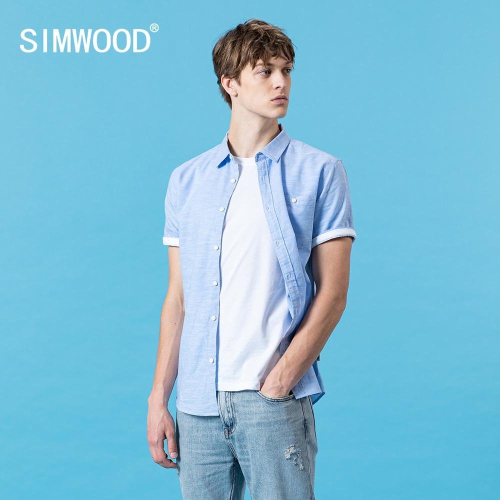 SIMWOOD 2021 summer new short sleeve cotton linen shirts men breathable casual solid comfortable plus size shirts SJ110528